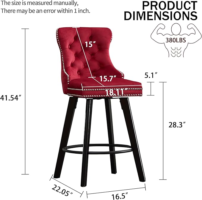 YISHENG Modern Swivel 27" H Seat Set of 2 Velvet Barstools with Backrest and Footrest,Button Tufted Rivet Trim Dining Room Chairs with Metal Pull Ring for Kitchen Island，Bistro, Home Bar，Red