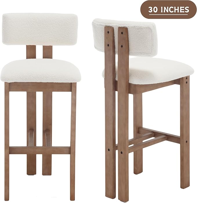 Upholstered Farmhouse Bar Height Bar Stools Set of 4 White Sherpa Barstools with Back/Solid Wood Legs, Modern Tall Bar Chairs for Kitchen Island/Home Bar/Pub, 30 Inch