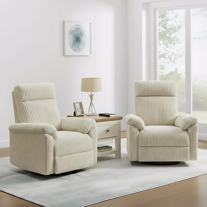Swivel Rocker Recliner for Adults, Corduroy 360 Degree Swivel Glider Recliner Manual 3-Position Adjustable Easy Assembly for Small Space Living Room Nursery Bedroom