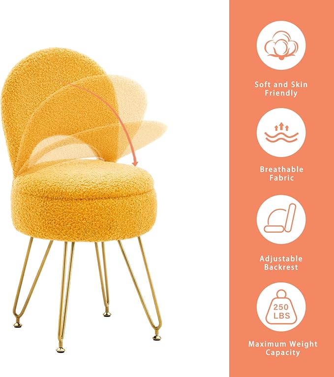 Storage Ottoman Vanity Stool Chair with Folding Back Teddy Velvet Makeup Chair Multifunctional Upholstered Footstool,4 Metal Legs with Anti-Slip Feet for Bedroom Living Room Entryway