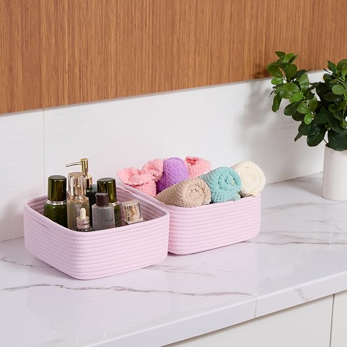 Small Square Shallow Baskets for Organizing, 9.7x9.7x4.3 Inch Rope Woven Storage Bins for Cubes Closet, Shelves Storage, Boho Decorative Basket, 2 Packs Light Pink