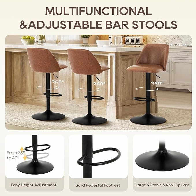 COLAMY Bar Stools Set of 6, Modern Swivel Bar Chairs, Adjustable PU Leather Upholstered Barstools Counter Height with Full Backrest for Bar, Dining Room, Kitchen Island, Brown