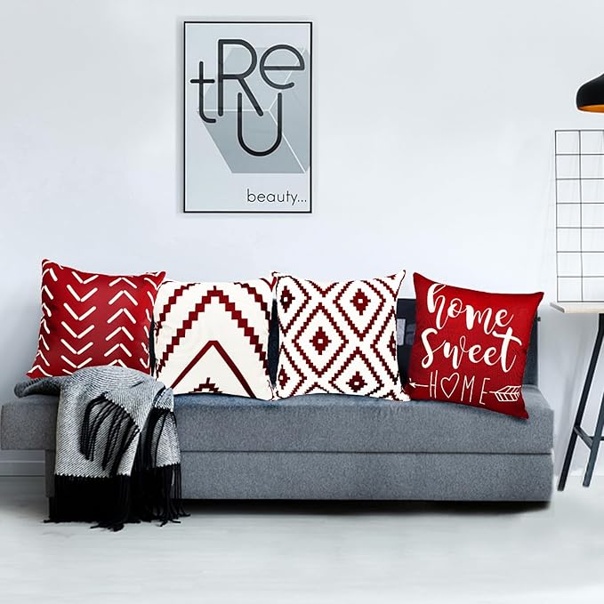 Decorative Throw Pillow Covers Set of 4 Wine Red Pillow Covers 20x20 inch Throw Pillows Linen Square Pillow Case,Farmhouse Outdoor Modern Geometric Pillow Covers for Couch Sofa Living Room