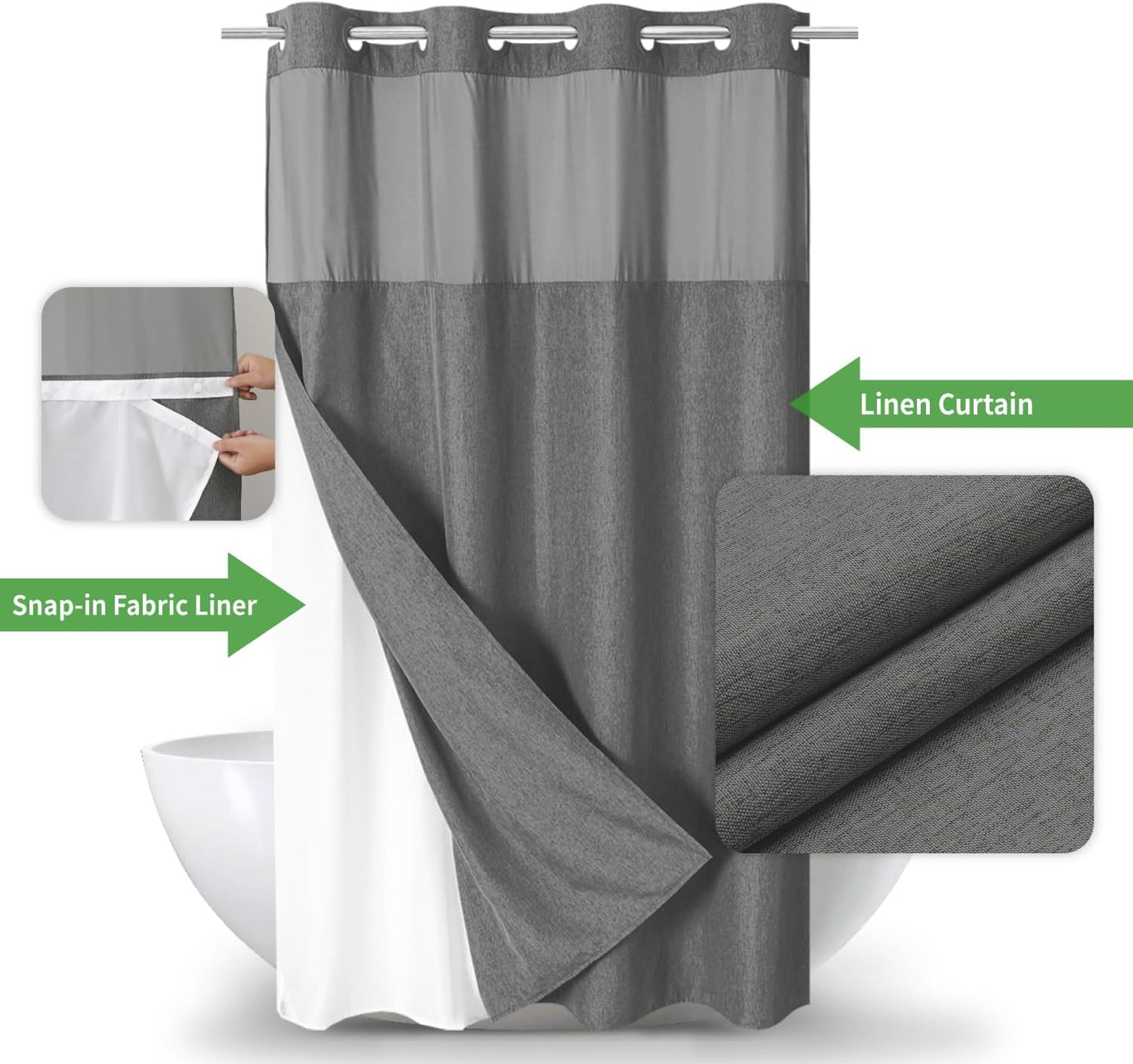 Stall No Hooks Needed Linen Textured Shower Curtain with Snap-in Fabric Liner Set,Hotel Luxury Decor Farmhouse Shower Curtains for Bathroom,Waterproof & Washable,54Wx80H,Charcoal Grey