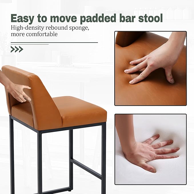 Counter Height Bar Stools Set of 3 for Kitchen Counter Modern Bar Chairs with Backs for Kitchen Island with Upholstered Faux Leather Seat and Metal Frame, 26 Inch, Light Brown