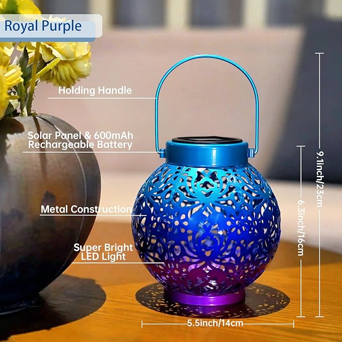 Outdoor Solar Hanging Lantern Lights Metal LED Decorative Lamp for Garden Patio Courtyard Lawn and Table with Hollowed-Out Design (Royal Purple)