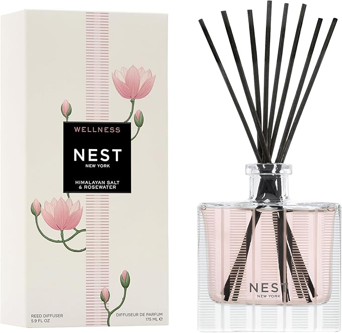 NEST New York Reed Diffuser, Himalayan Salt & Rosewater - 5.9 fl oz - Fragrance for Up to 90 Days - Reusable, Refillable Glass Holder - Includes 8 All-Natural Reed Sticks - Flame Free