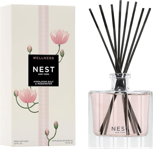 NEST New York Reed Diffuser, Himalayan Salt & Rosewater - 5.9 fl oz - Fragrance for Up to 90 Days - Reusable, Refillable Glass Holder - Includes 8 All-Natural Reed Sticks - Flame Free