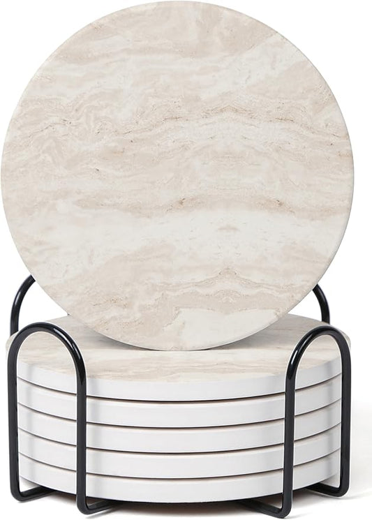 Set of 6 Light Beige Abstract Onyx Marble Coasters with Holder, Absorbent Ceramic Drink Coasters for Table Protection, Coffee Table Decor