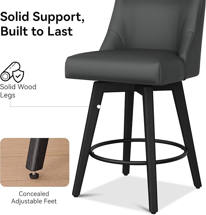 Counter Height Bar Stools Set of 8, Modern Swivel Barstools with Back and Wood Legs, Faux Leather Upholstered Bar Chairs, 26" H Kitchen Counter Stools, Kitchen Island Home Bar, Black Grey