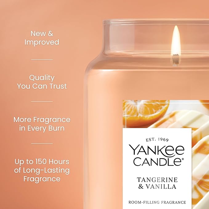 Yankee Candle Large Jar Scented Candle with up to 150 Hour Burn Time, Premium Plant Wax Blend for Consistent Burn, 22 oz Jar Candle with Room Filling Fragrance, Tangerine & Vanilla