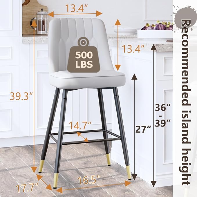 Counter Height Bar Stools Set of 4,Modern Bar Stools Set of 4,Light Grey Faux Leather Barstools with Back and Footrest,27"Bar Chairs for Kitchen Island,Cafe,Pub,Bar,Dining Room,Hold Up to 500 LBS