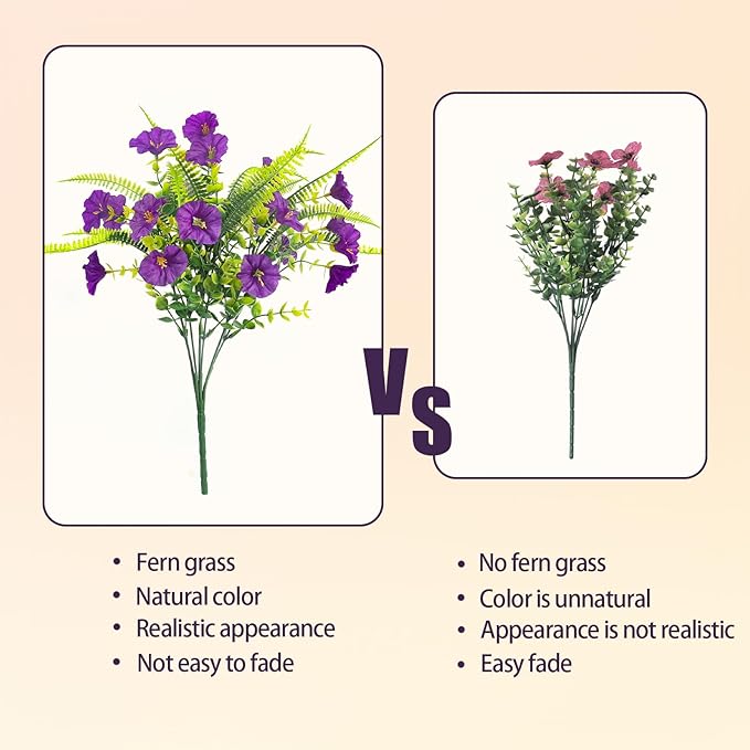 Spring Artificial Flowers Outdoors 12 Bundles Artificial Petunias Fake Flowers UV Resistant Shrubs Plants with Fern for Indoor Outside Hanging Planters Home Garden Decorations (Light Purple)