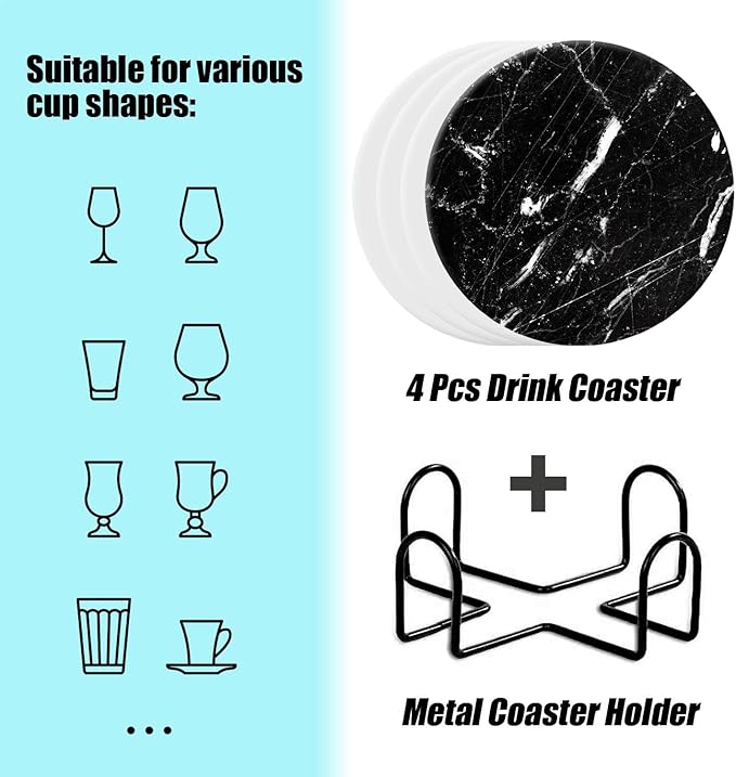 Marble Coasters Set of 4 with Holder Round Water Absorbent Premium Black Classic Marble Ceramic Coasters Tabletop Protection,Suitable for Various Coffee Cup,Home Decor,4 Inch