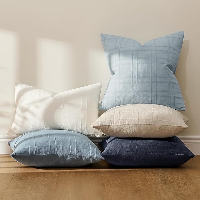 MIULEE Decorative Linen Check Throw Pillow Covers Neutral Farmhouse Vintage Pillow Covers 16x16 Set of 2 Boho Modern Home Decor for Sofa Couch Bedroom Cushion Navy Blue