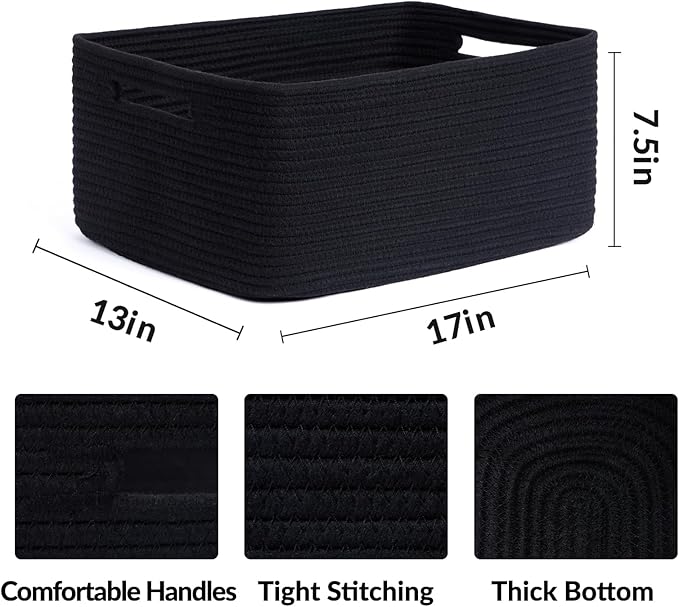 Large Storage Baskets for Shelves, Closet Organizers Bins for Clothes Blanket Towels, Baby Nursery, Toy Baskets Box, Woven Rope Baskets, 17 x 13 x 7.5”, 2 Packs Black