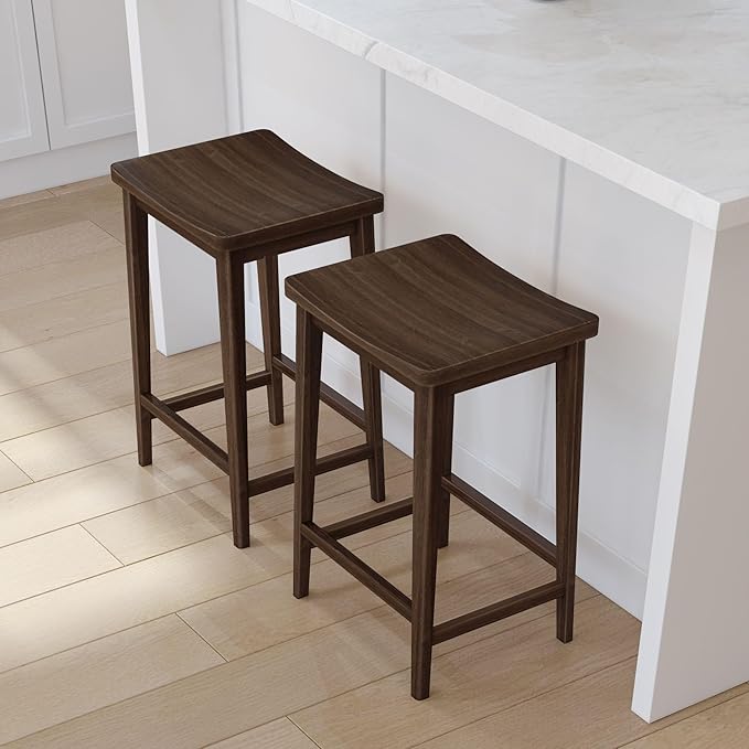 Plank+Beam Smythe Counter Stool, 24", Set of 4, Sturdy Wood Modern Kitchen Counter Height Stool, Saddle Seat Backless Counter Chair, Metal Footrest, Walnut