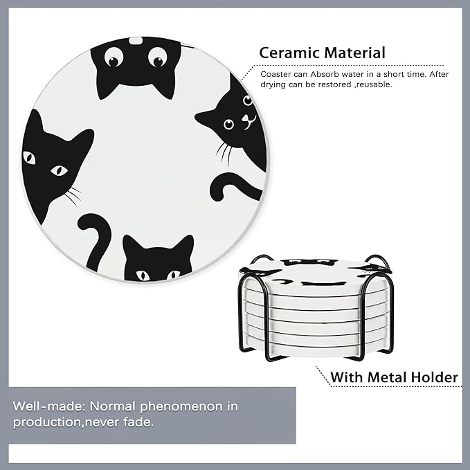 Drink Coasters Set of 6 with Holder,Cute Black Cat Absorbent Ceramic Coasters with Cork Base,Fit All Cups,Tabletop Protection Mat for Mugs and Cups,Office,Kitchen