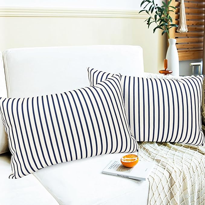 Decorative Throw Pillow Covers Set of 2 Blue Striped Pillow Covers 12x20 Inch Throw Pillow Cover Linen Pillowcase Modern Farmhouse Outdoor Pillow Covers for Couch Sofa Bed Living Room