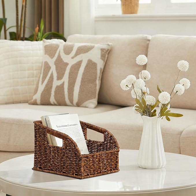 Wicker Baskets for Organizing,Pantry, Kitchen Counter with Handles, Handwoven Woven Storage Baskets for Fruit, Bread, Vegetable, Waterproof Plastic Storage Bins for Shelves, 3 Pack, Brown