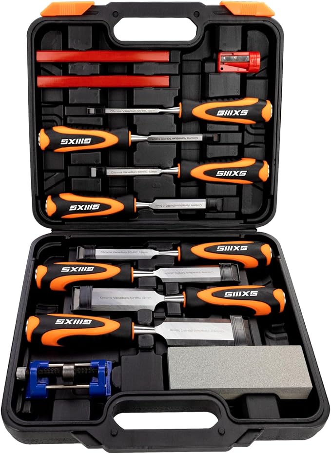 13pcs Professional Wood Chisel Set, 8pcs Woodworking Chisel Set with 1pcs Honing Guide, 1pcs Sharpening Stone and 2pcs Carpenter Pencils
