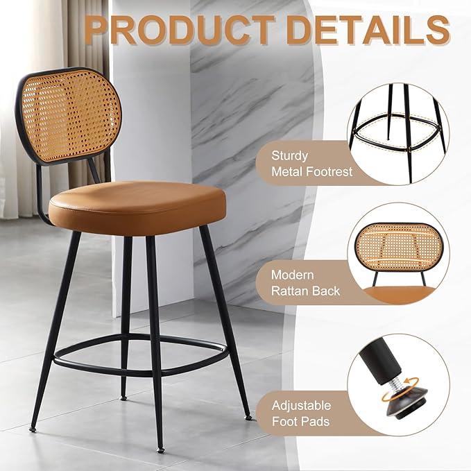 26" Rattan Barstools Set of 2, Counter Height Bar Chair with Black Metal Legs, Modern Armless PU Leather Pub Chair,Adjustable Feetpads Stools for Home Counter,Kitchen Dining Island,Cafe(WBR)