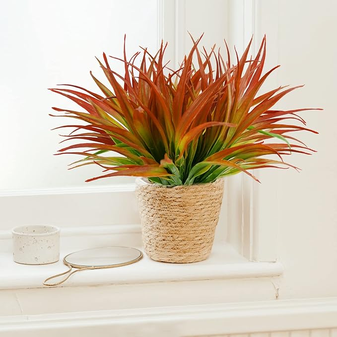 8Pcs Artificial Grass Plant Fake Outdoor Plastic Plants UV Resistant Faux Grasses Greenery Shrubs for Window Box Garden Patio Porch Home Decor Red