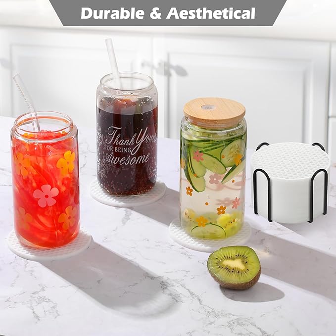 Silicone Coaster Set of 16 with Holder, Drinks Coasters, Beer & Coffee, Suitable for All Cups, Hot or Cold, Anti-Slip, Non-Stick, Anti-Overflow Tabletop Protection and Decor (White, 16 Pcs)