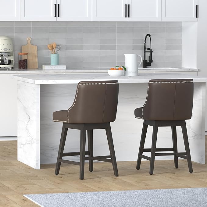 CHITA Counter Height Swivel Bar Stools, FSC Certified Upholstered Counter Stools, Modern Swivel Barstools with Wood Legs for Kitchen Island, 26" Seat Height, Faux Leather in Chocolate