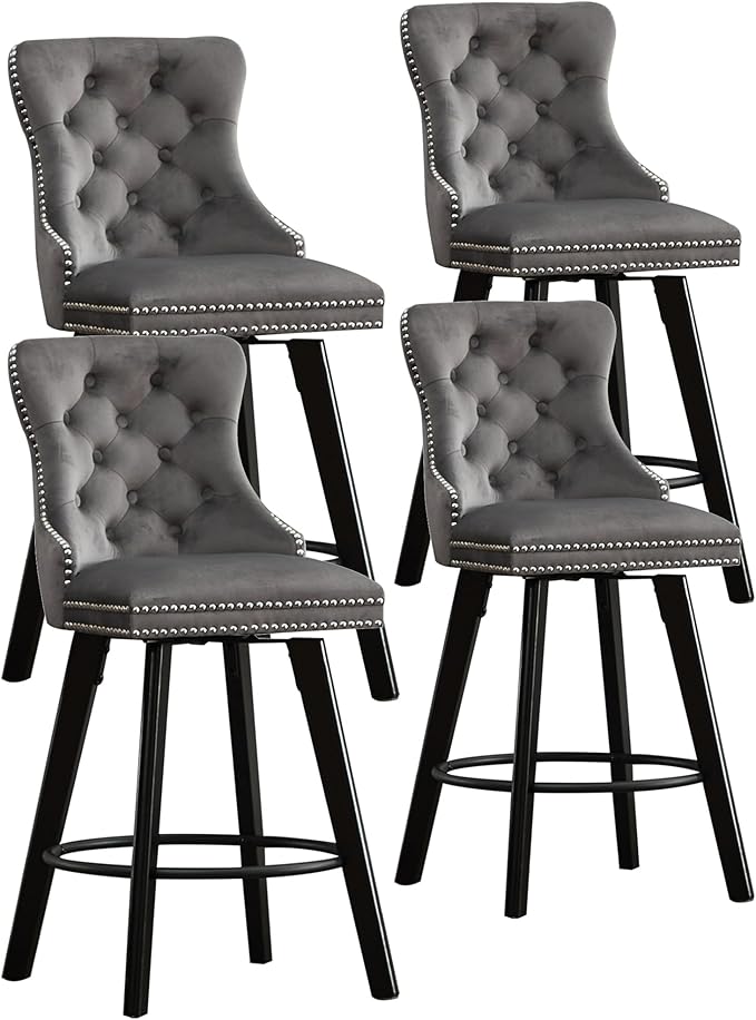 YISHENG Modern Swivel 27" H Seat Set of 2 Velvet Barstools with Backrest and Footrest,Button Tufted Rivet Trim Dining Room Chairs with Metal Pull Ring for Kitchen Island，Bistro, Home Bar，Gray