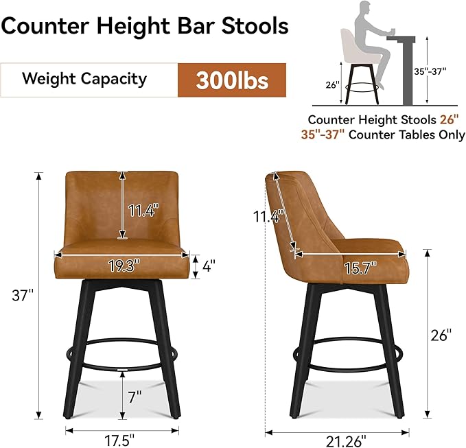 Counter Height Bar Stools Set of 6, Modern Swivel Barstools with Back and Wood Legs, Faux Leather Upholstered Bar Chairs, 26" H Kitchen Counter Stools, Kitchen Island Home Bar, Whisky Brown