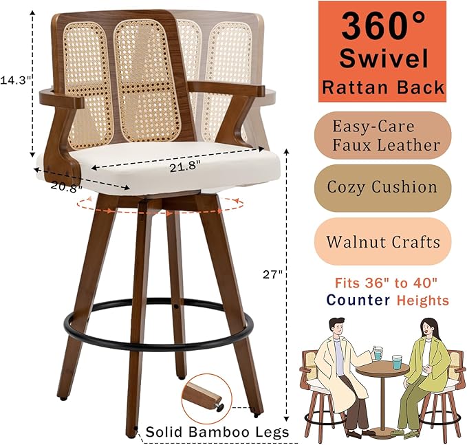 Set of 2 Mid Century Counter Stools - 27 inch Rattan Swivel Counterstools with Curved Back, Walnut Crafts, Upholstered Faux Leather, Counter Chairs for Island/Pub/Kitchen (27" Seat Height, Beige)