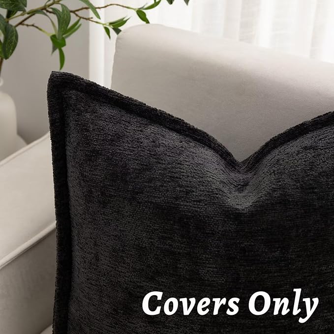 Black Decorative Throw Pillow Covers 26x26 Inch Set of 2 Cozy Soild Chenille Cushion Cases Soft Textured Square Couch Pillows Cover Boho Accent Farmhouse Pillowcases for Sofa Bed