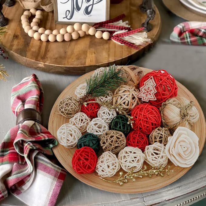 Qingbei Rina Decorative Balls for Bowls,Red Bowl Fillers Vase Filler Wicker Rattan Balls Decorative for Home Decor,Winter Holiday Orbs Spheres Woven Spherical Farmhouse Decor Props(Large)