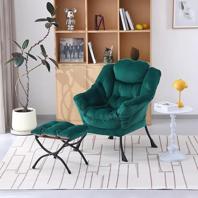 Welnow Lazy Chair with Ottoman, Modern Lounge Accent Chair with Armrests and a Side Pocket, Leisure Sofa Armchair, Reading Armchair with Footrest for Small Space, Dark Green