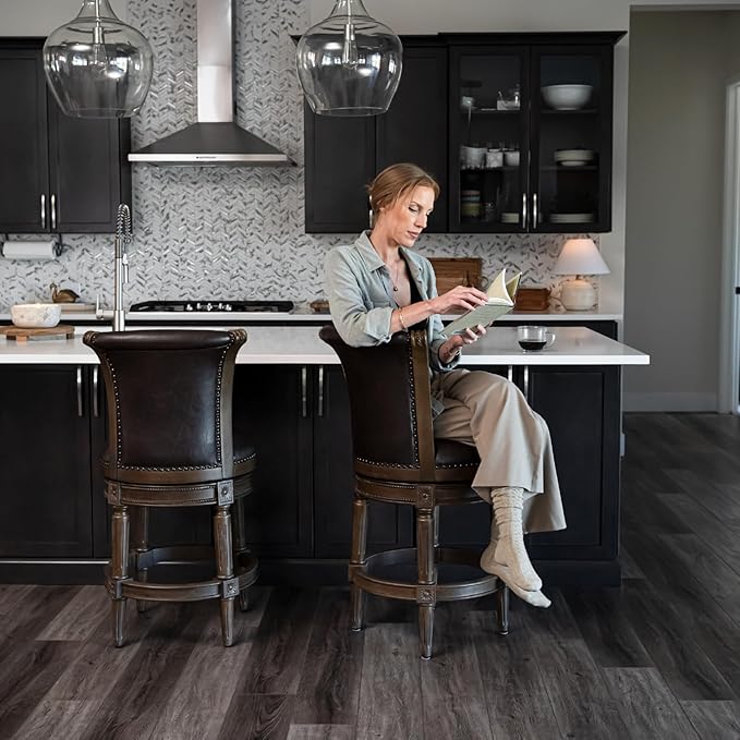 Maven Lane Pullman Counter Stool 26 Inches – Swivel Stool with Footrest – Brown Solid Wood Frame & Beige Faux Leather Upholstery – Perfect for Kitchen Islands & Counters