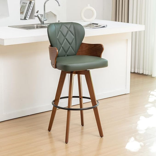 30” Swivel Bar Stools,Green Faux Leather Bar Height Stools with Armrest and Fishtail-Shaped Back,Mid Century Modern High Barstools,Walnut Bar Chair for Kitchen Island or Home Bar,1PCS