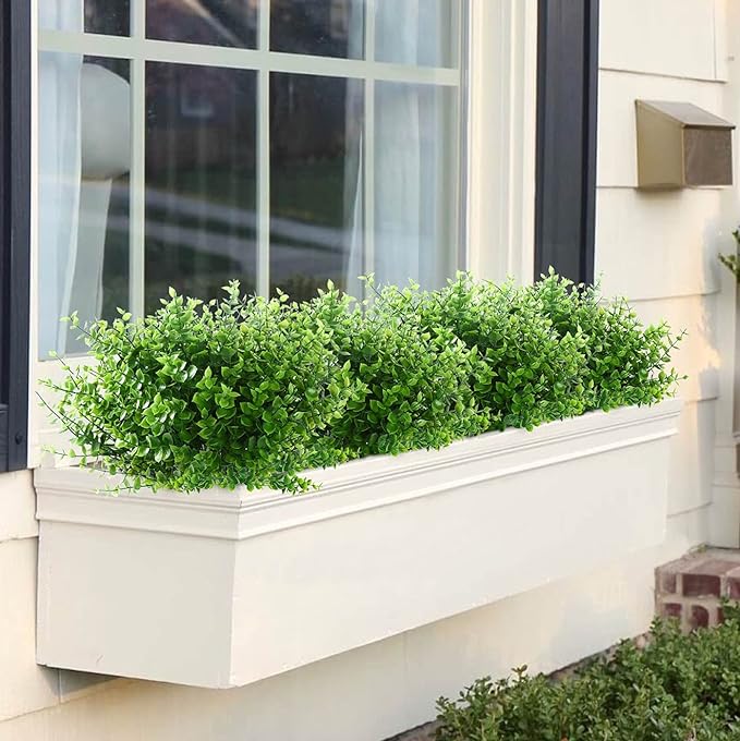 GREENRAIN Artificial Flowers Outdoor Fake Flowers for Decoration UV Resistant No Fade Faux Plastic Plants Garden Porch Window Box Décor (8 Bundles, 1#Green)