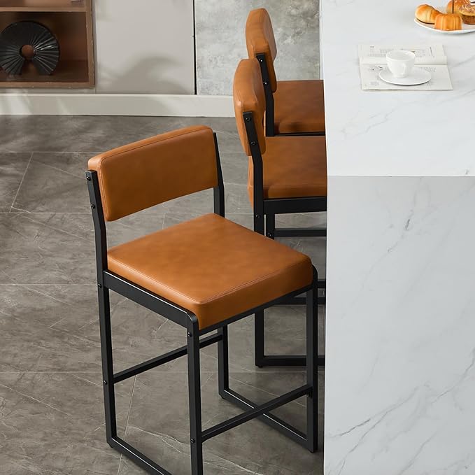 Mid Century Modern Counter Height Bar Stools Set of 3, 26" Bar Height Chairs with Backs, Upholstered Counter Stools, Metal Barstools for Kitchen Island (Brown- Faux Leather, 26"H - Set of 2)