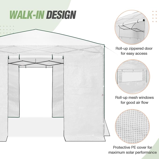 EAGLE PEAK Replacement Cover for 10x10 Portable Walk-in Pop up Greenhouse, Front Roll-Up Zipper Entry Door and 2 Large Roll-Up Side Windows (Frame Not Included), White