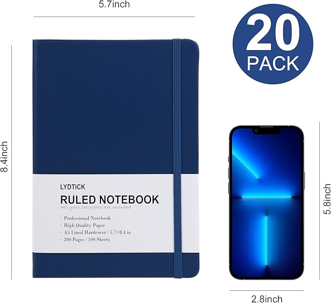 20 Pack Journals for Writing College Ruled Notebooks Journal in Bulk, Hardcover Notebooks (200Pages) for Note Talking, Lined Bullet Journals for Home School Office, 5.7"x8.4", Navy