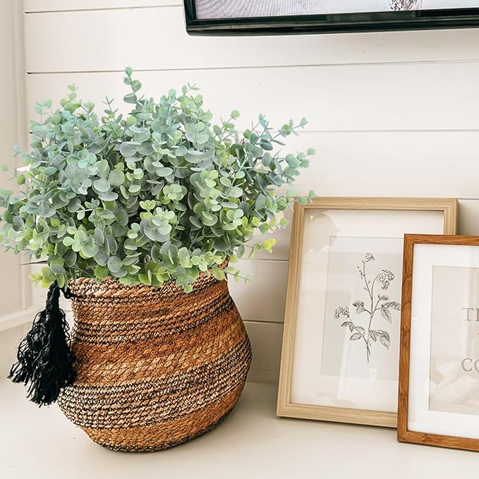 RECUTMS 8 Bundles Artificial Greenery Plants Stems Outdoor Fake Eucalyptus Plants Boxwood Bushes for Farmhouse Bathroom Office Vase Centerpiece Indoor Outdoor Decoration(Dusty Blue)