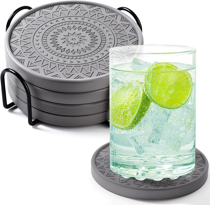 Photect Diatomaceous Earth Coasters Set with Holder Absorbent Stone Drink Coasters Instant Drying Tray for Tabletop Protection Home Decoration Housewarming Gift(Black,4 Pcs)