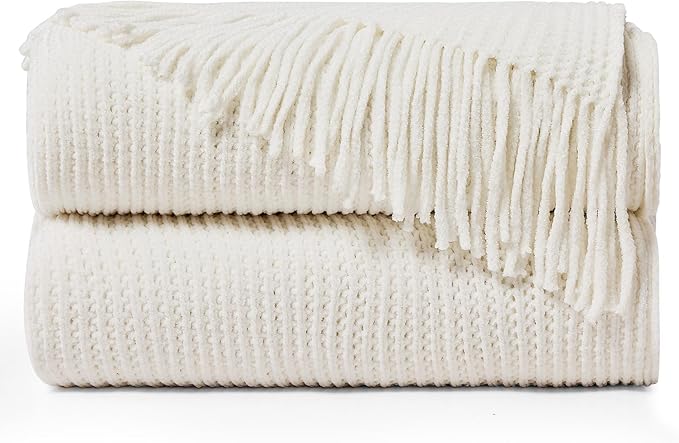 inhand Throw Blanket for Couch Bed,Chunky Chenille Woven Soft Blankets with Tassels,Cozy Boho Farmhouse Fall Winter Decor,Warm for Women,50"x60",Extra Thick-Off White