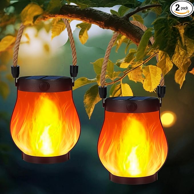 Solar Lanterns Outdoor Waterproof, 2 Pack Dancing Flame Solar Lantern Outdoor Lights, USB/Solar Powered Hanging Outdoor Lanterns Decorative for Outside Porch Yard Garden Patio Decor