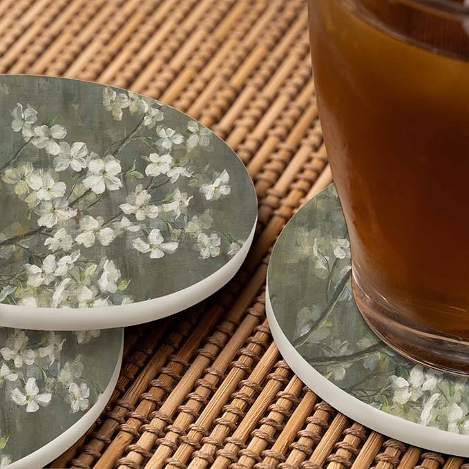 Flowering Dogwood Coaster Oil Painting Design Beautiful Bouquet Floral Bloom Tabletop Protection for Any Table Type Wood, Granite, Glass, Soapstone, Sandstone, Marble, Stone Tables