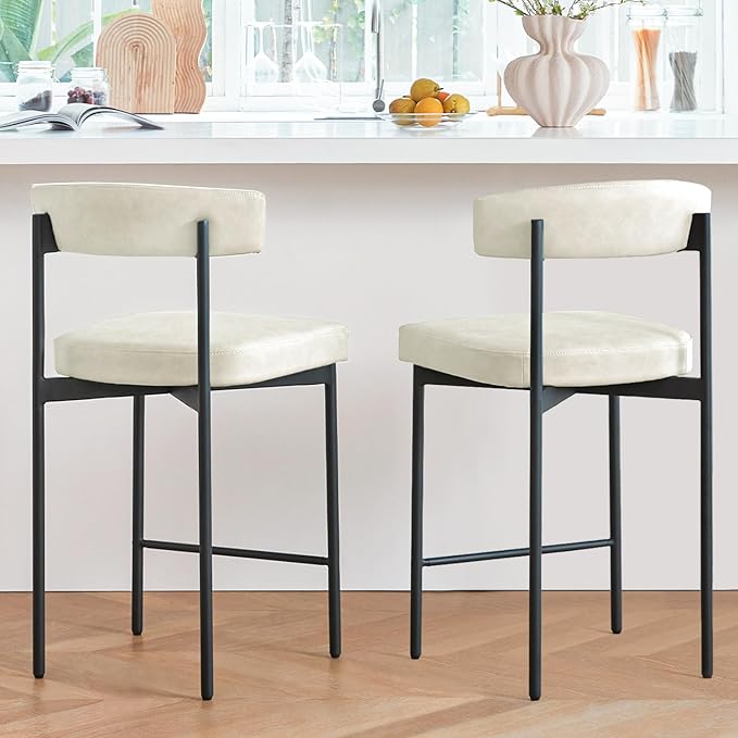 Beige Modern Bar Stools Set of 2, 24 Inch Faux Leather Counter Stools with Curved Backrest, Counter Height Bar Stool for Kitchen Island