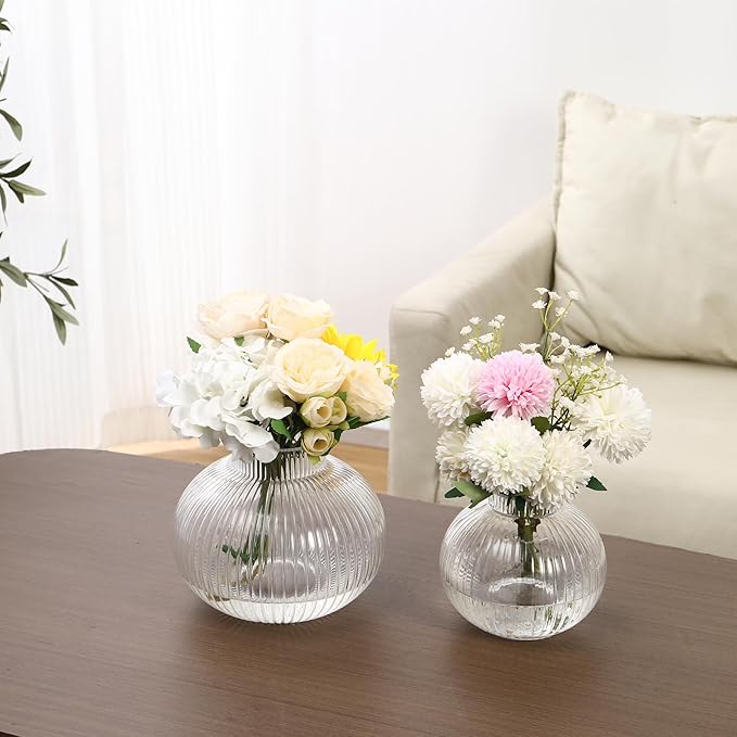 Round Glass Vases Set of 2, Flower Vases for Bouquet, Ribbed Glass Vase for Flowers, Small Clear Vase for Living Room, Office, Coffee Table, Shelf, Wedding