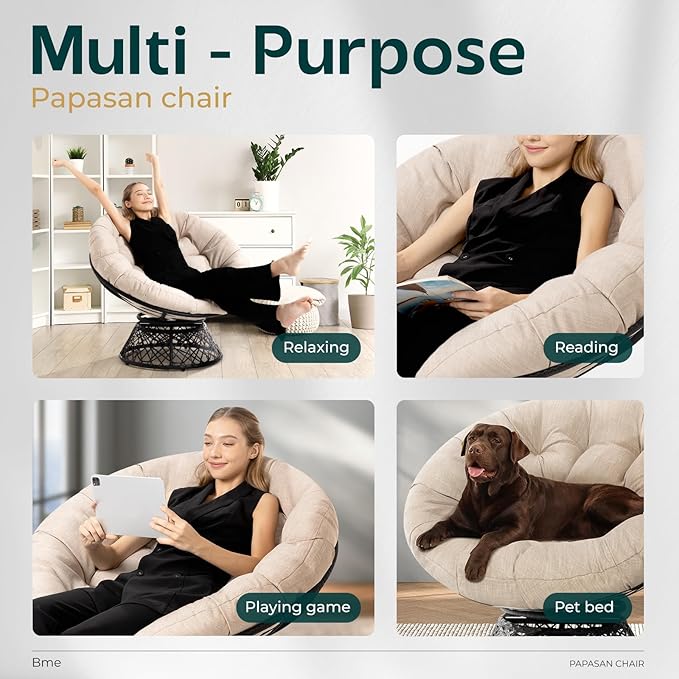Bme 40" Ergonomic Wicker Papasan Chair with Soft Thick Cushion & Frame, 360° Swivel, Circle, Reading, Comfy Chair for Living Room, Bedroom