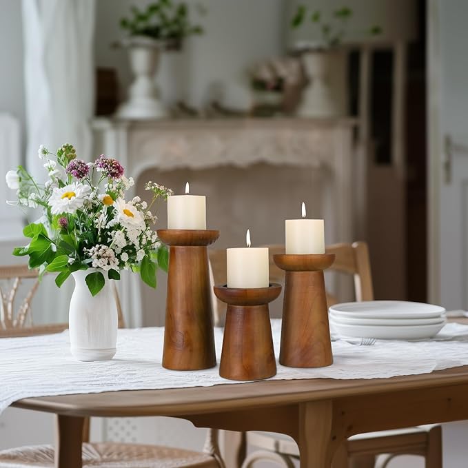 Pillar Candle Holders Set of 3， Wooden Candle Holders， Decorative Wood Candlestick Holders for Living Room, Table Centerpiece for Wedding, Christmas, Party, Home - 6", 8", 10"